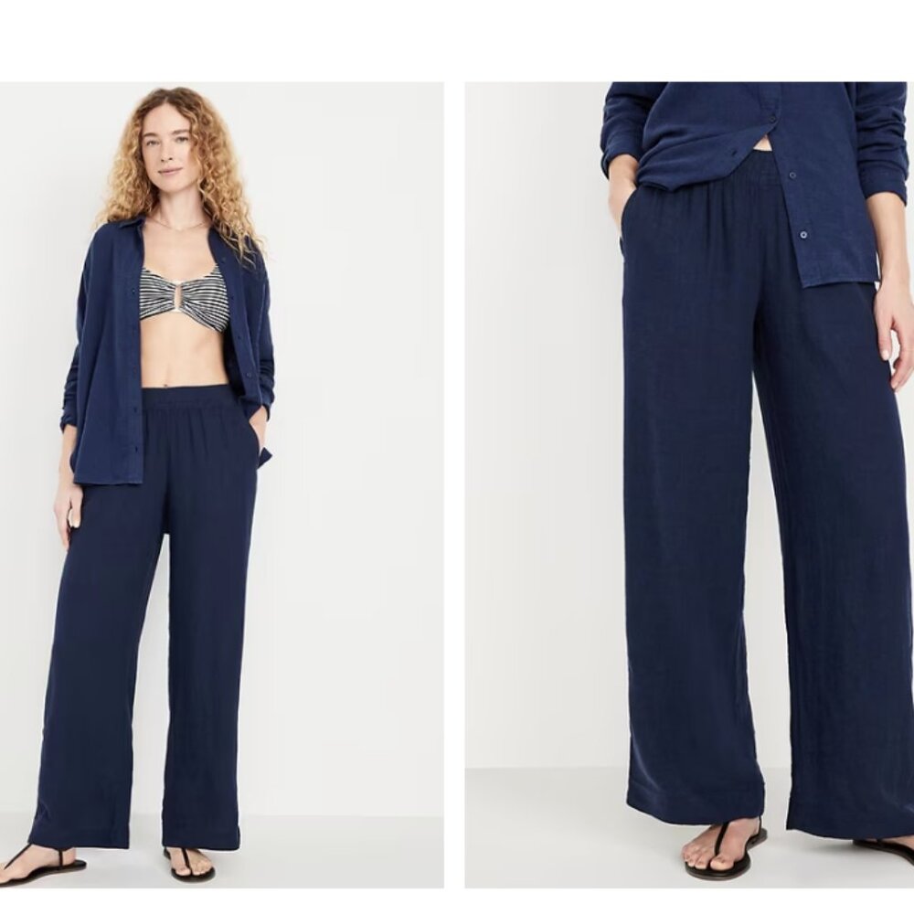 Navy Linen Blend Pants - Wide Leg Petite Length Pants with Pockets NWT